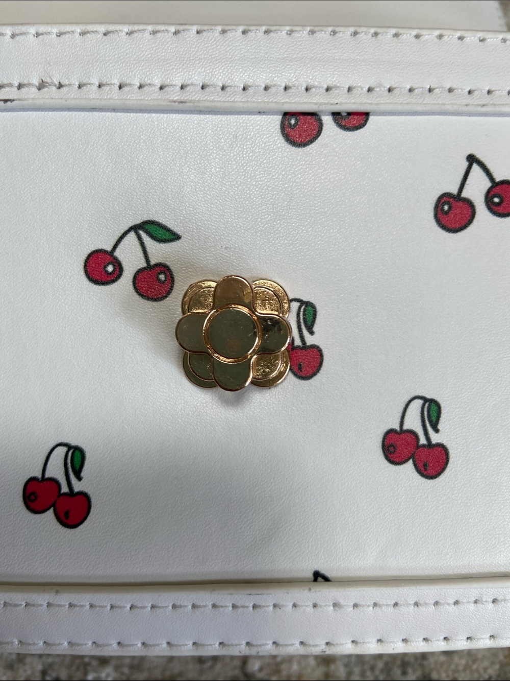 White Cherry Print Mini Crossbody Bag with Top Handle and Turn Lock Hardware - Picture 9 of 12